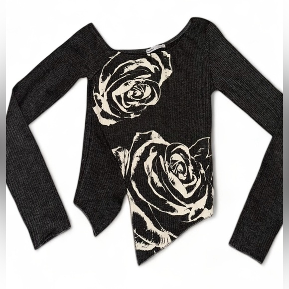 Y2K style asymmetrical handkerchief edge rose print ribbed top off shoulder neck - Picture 1 of 6